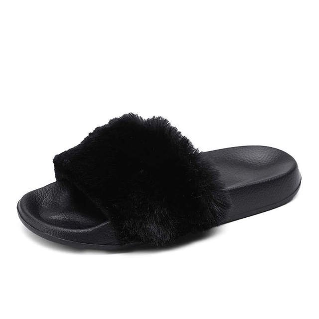 Fluffy Faux Fur Slipper Slides - Boots BootiesShoesbeach slipperfaux fur slippersfur slippers