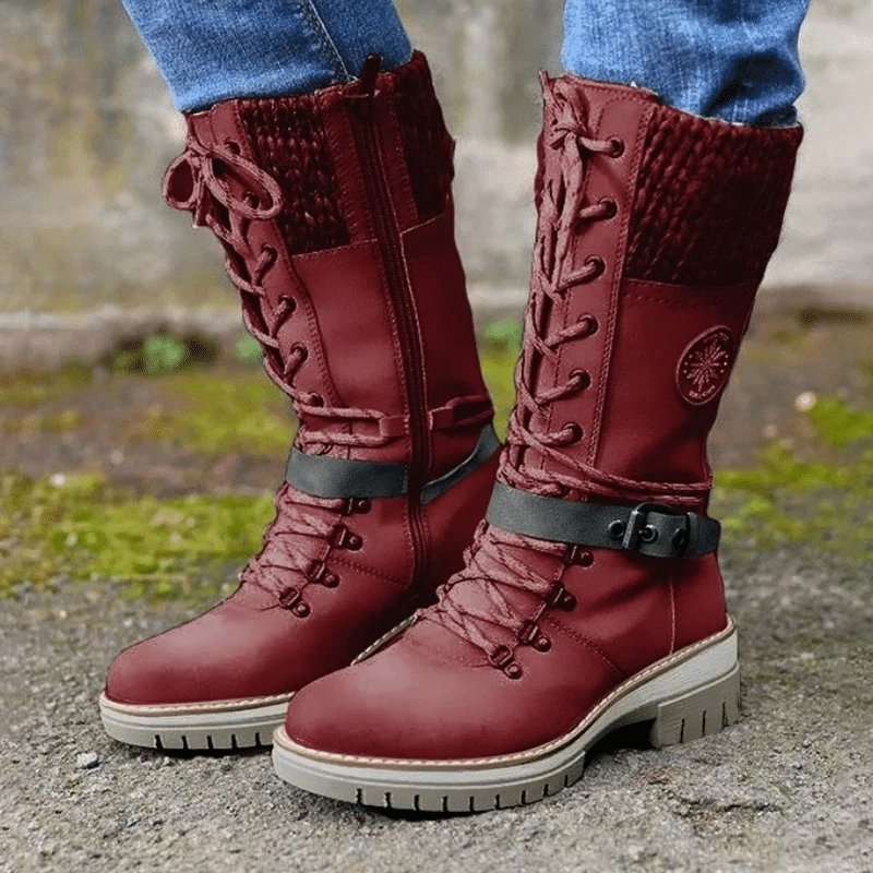 Women Buckle Lace Knitted Mid calf Boots